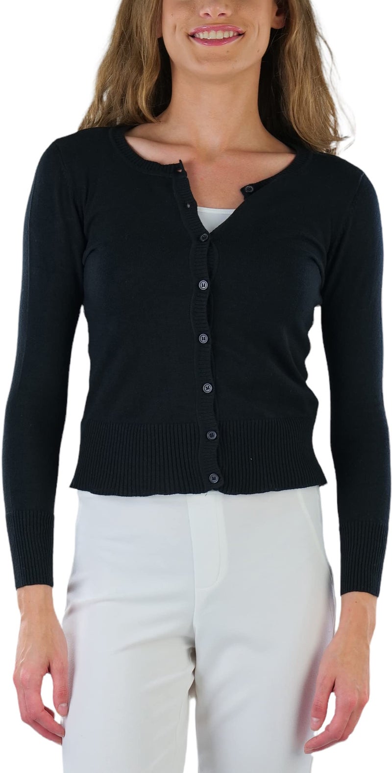 ToBeInStyle Women's L.S. Button Up Ribbed Crew Neck Cardigan - Black - Small - Image 1